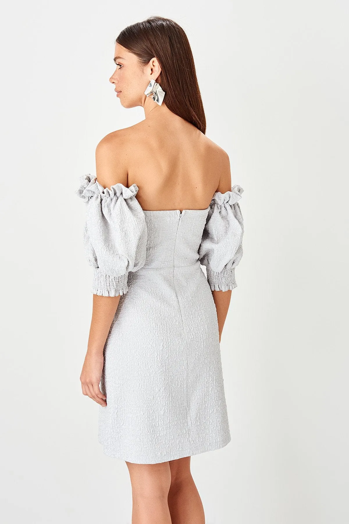 10926 Grey Off-Shoulder Puffy Sleeve Dress