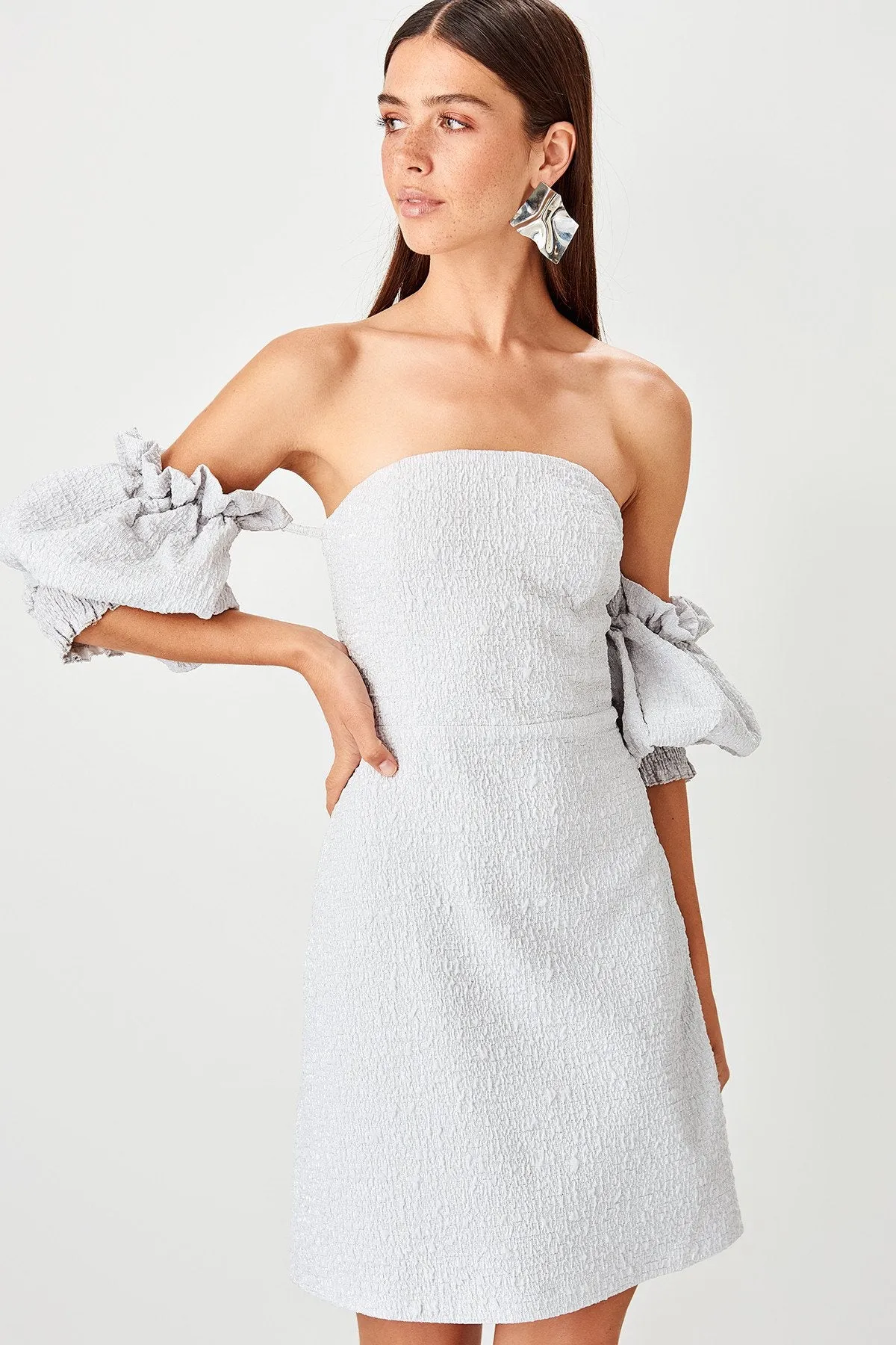 10926 Grey Off-Shoulder Puffy Sleeve Dress