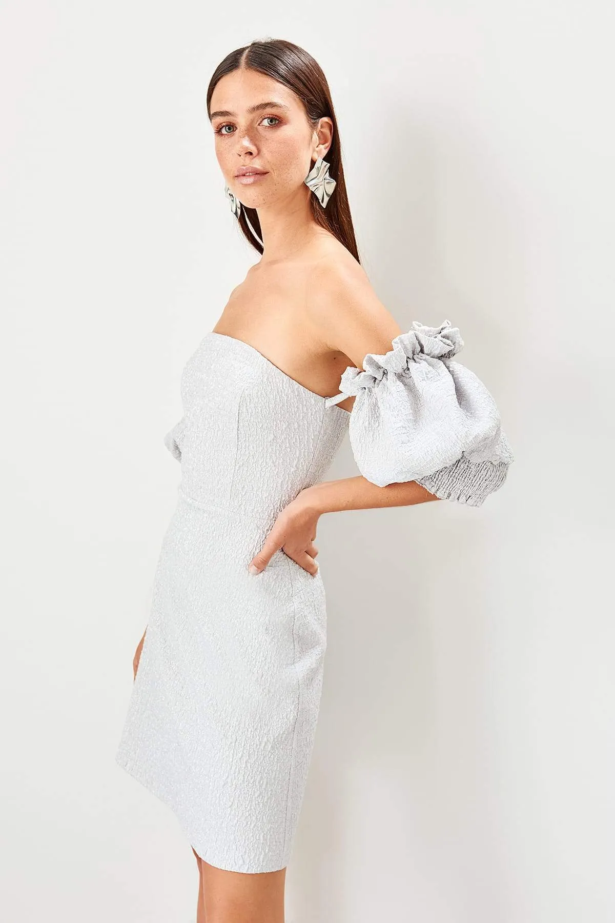 10926 Grey Off-Shoulder Puffy Sleeve Dress
