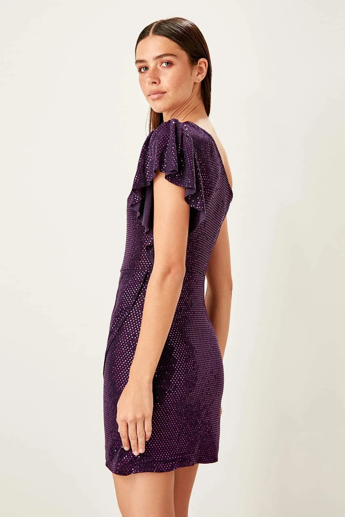 11632 Purple One Shoulder Sequined Dress