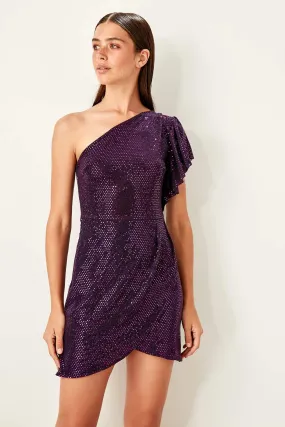 11632 Purple One Shoulder Sequined Dress