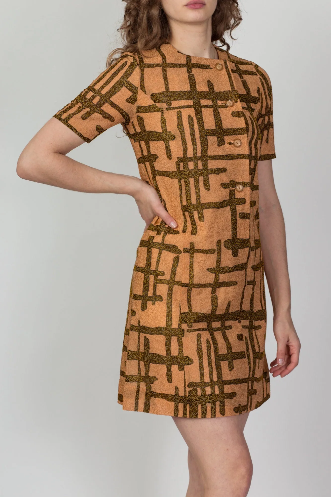 1960s Tiki Embroidered Button Up Shift Dress - Extra Small