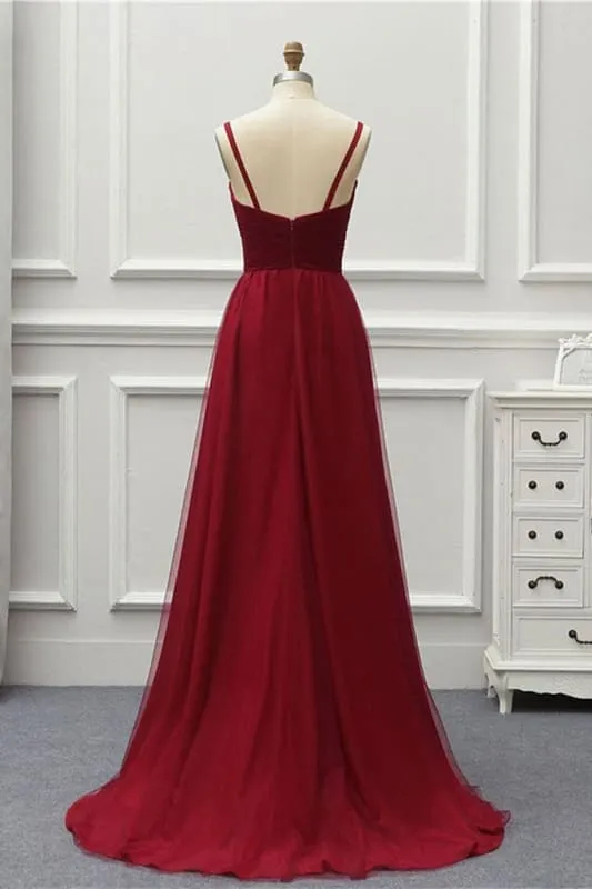 A Line High Low Tulle Prom with Train Burgundy V Neck Backless Formal Dress