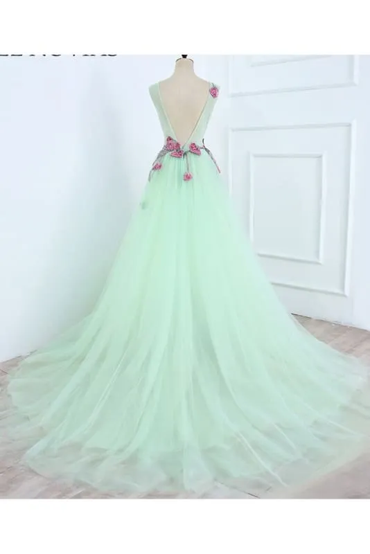 A Line Mint Green Sleeveless Formal with Appliques Long Tulle Prom Dress