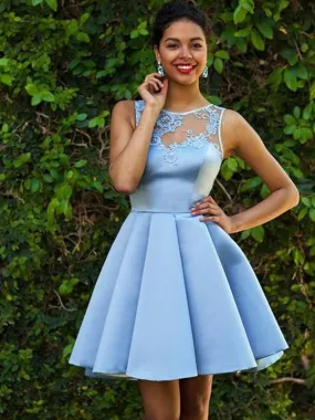 A-Line Sleeveless Bateau Satin With Applique Short/Mini Dresses