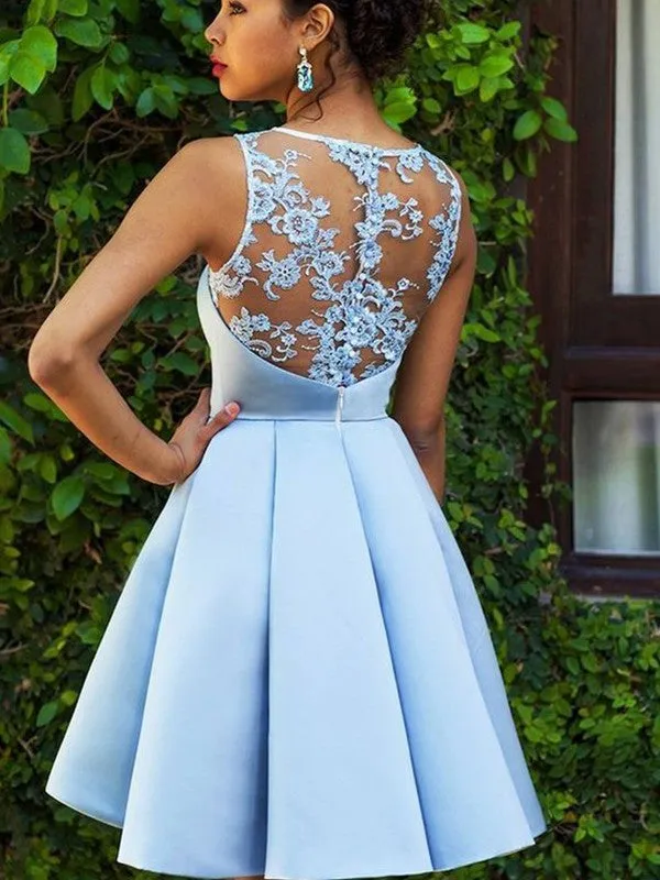 A-Line Sleeveless Bateau Satin With Applique Short/Mini Dresses