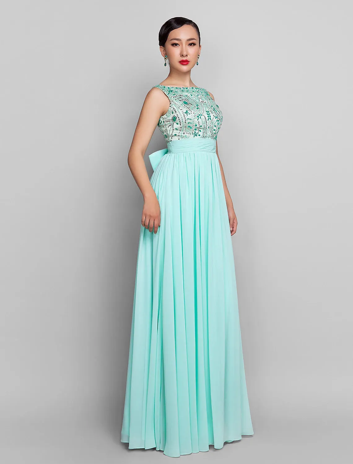 Aimishang  A-Line Beaded & Sequin Holiday Cocktail Party Prom Dress Scoop Neck Sleeveless Floor Length Chiffon with Bow(s) Ruched Beading