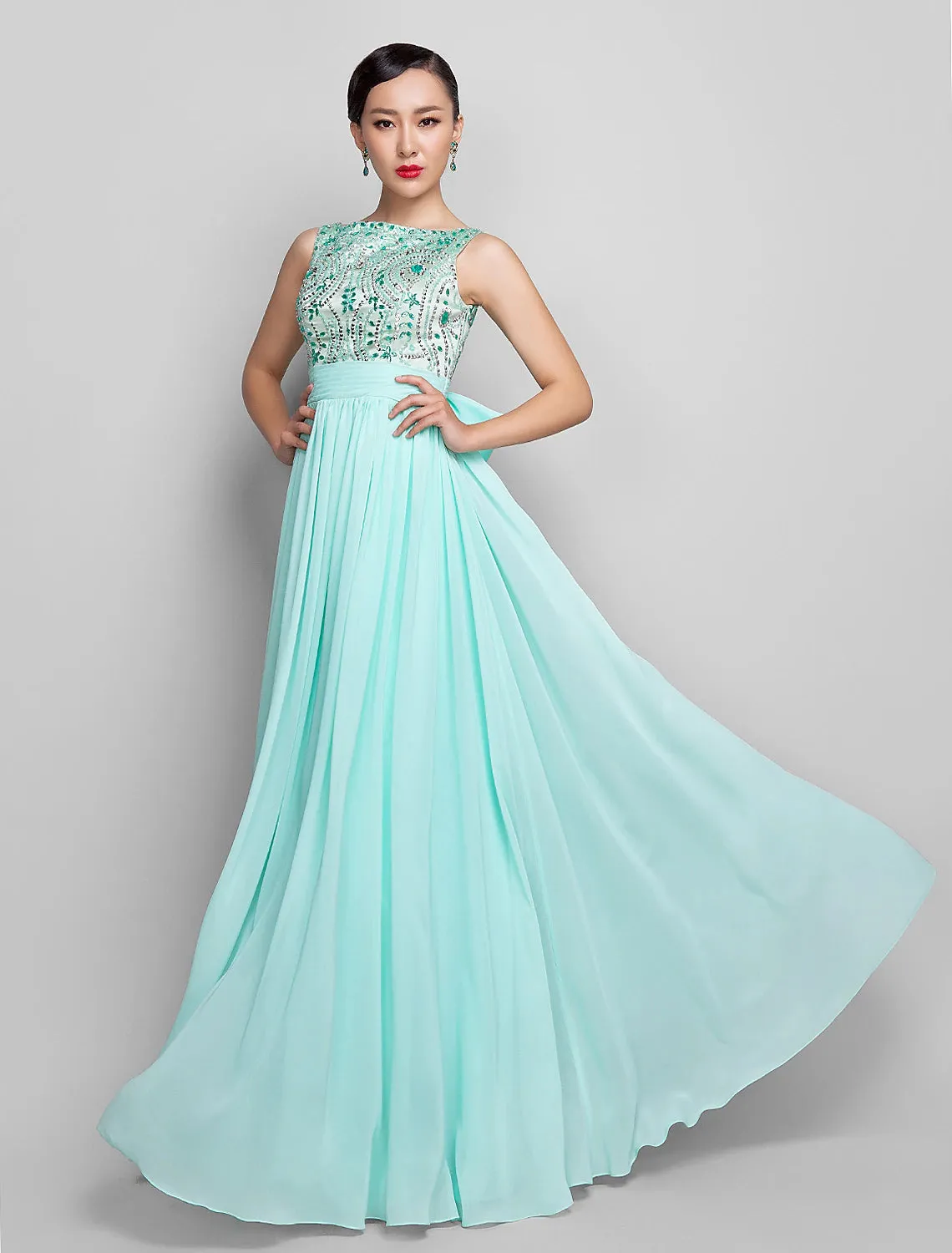 Aimishang  A-Line Beaded & Sequin Holiday Cocktail Party Prom Dress Scoop Neck Sleeveless Floor Length Chiffon with Bow(s) Ruched Beading