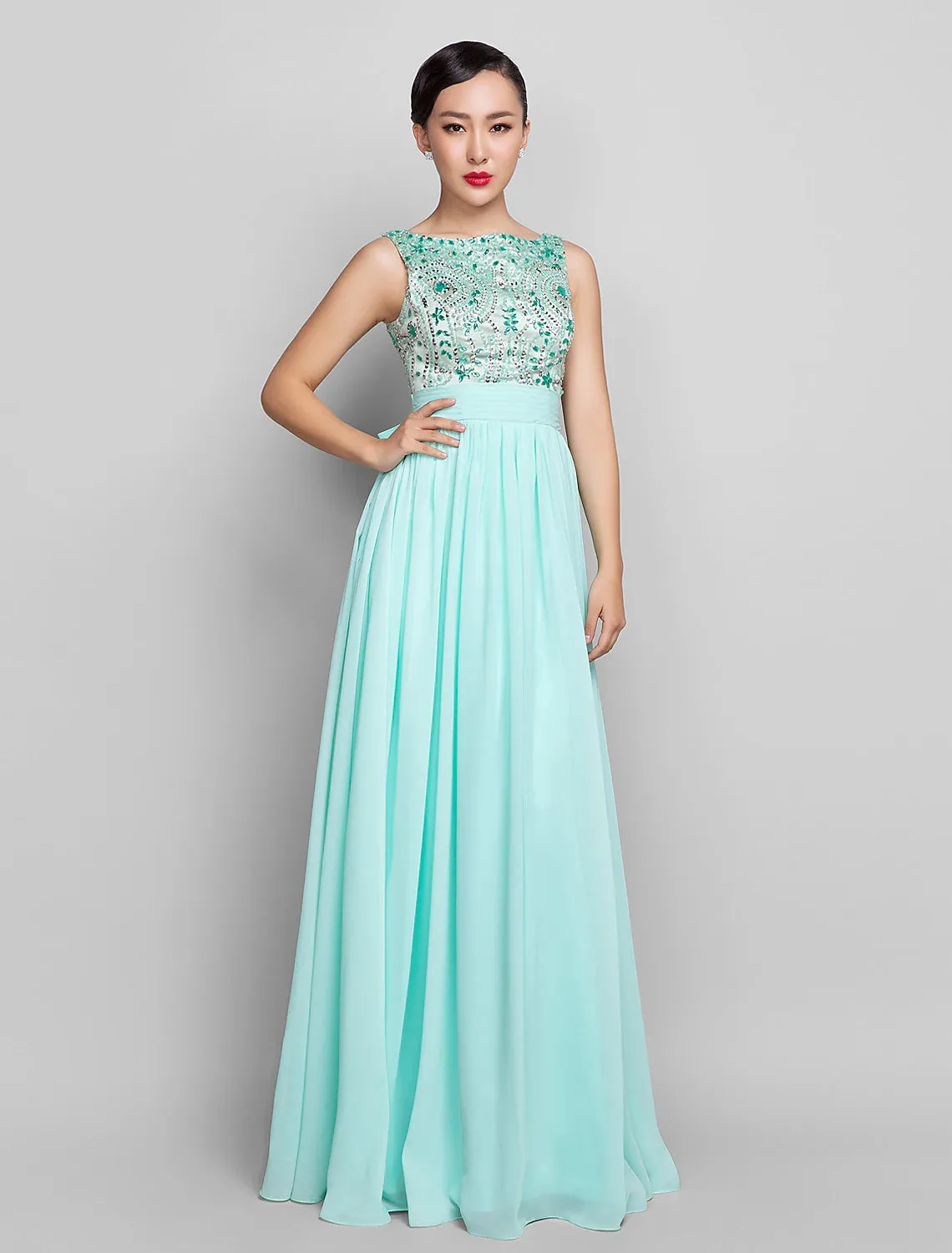 Aimishang  A-Line Beaded & Sequin Holiday Cocktail Party Prom Dress Scoop Neck Sleeveless Floor Length Chiffon with Bow(s) Ruched Beading