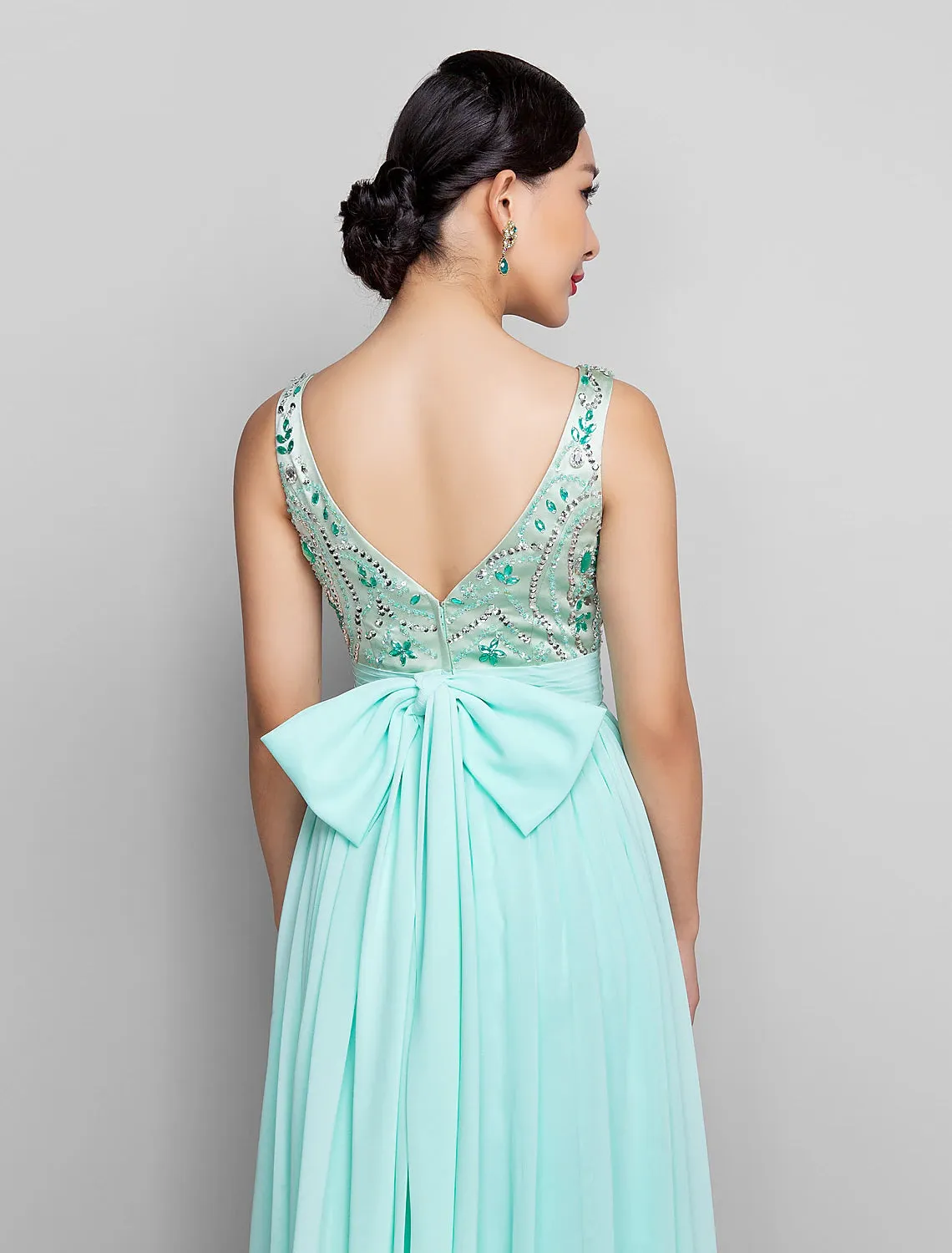 Aimishang  A-Line Beaded & Sequin Holiday Cocktail Party Prom Dress Scoop Neck Sleeveless Floor Length Chiffon with Bow(s) Ruched Beading