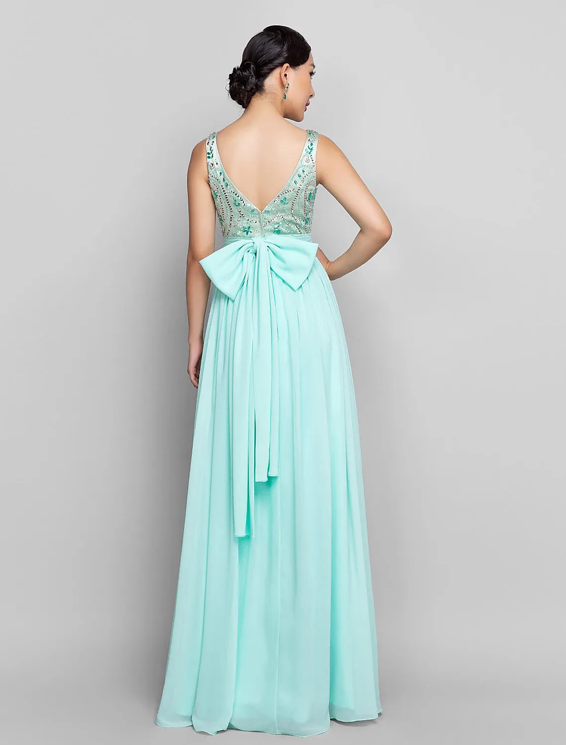 Aimishang  A-Line Beaded & Sequin Holiday Cocktail Party Prom Dress Scoop Neck Sleeveless Floor Length Chiffon with Bow(s) Ruched Beading