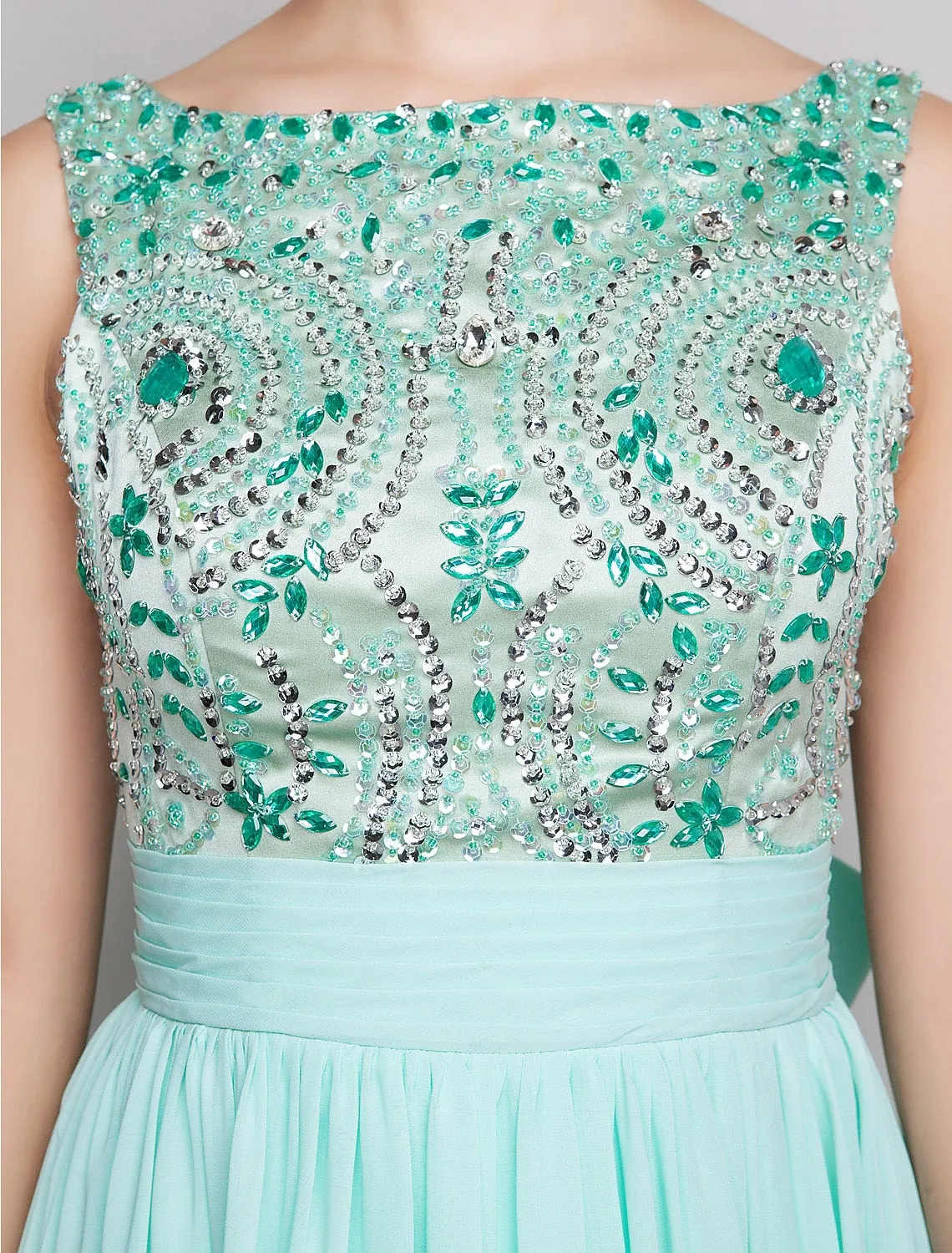 Aimishang  A-Line Beaded & Sequin Holiday Cocktail Party Prom Dress Scoop Neck Sleeveless Floor Length Chiffon with Bow(s) Ruched Beading