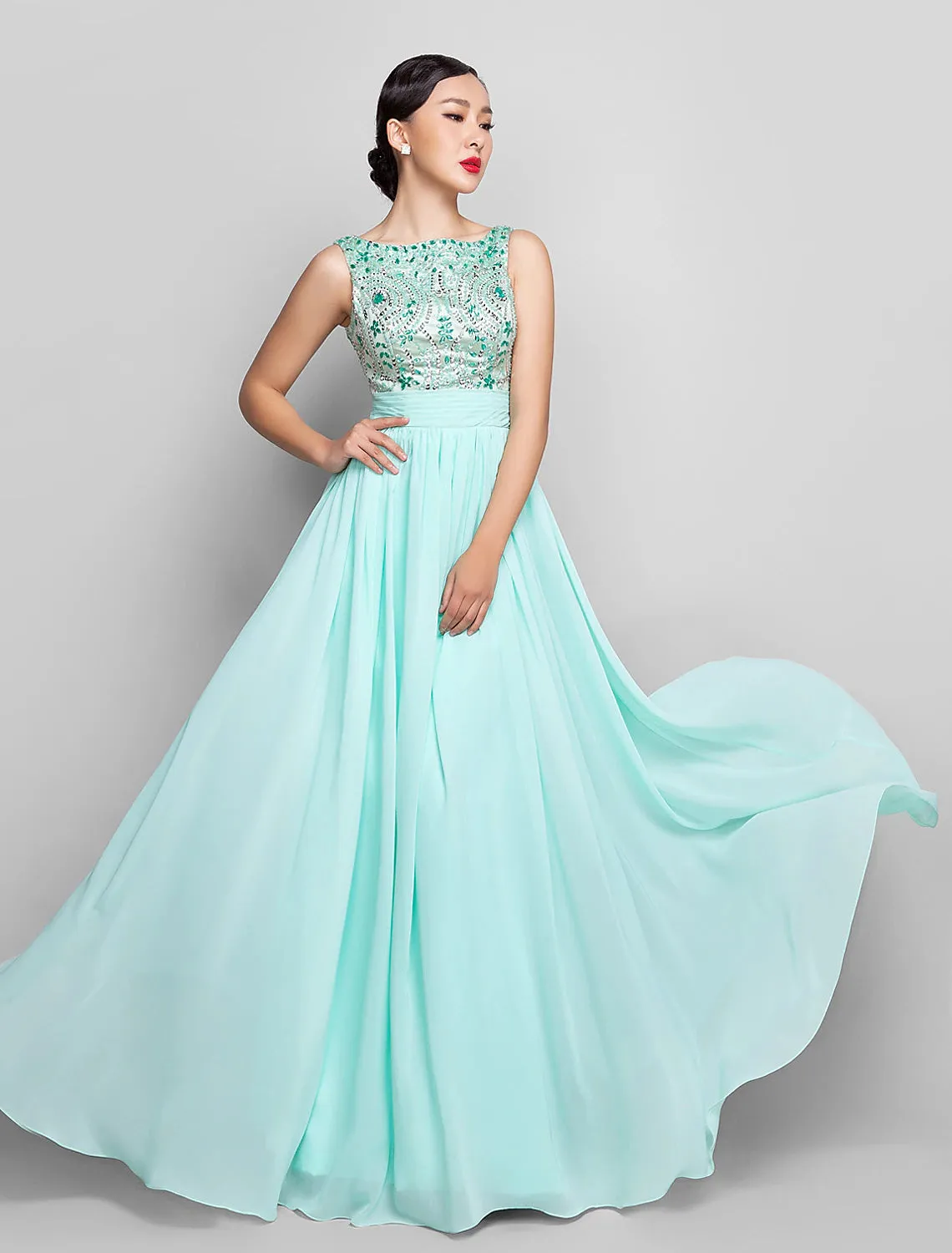 Aimishang  A-Line Beaded & Sequin Holiday Cocktail Party Prom Dress Scoop Neck Sleeveless Floor Length Chiffon with Bow(s) Ruched Beading