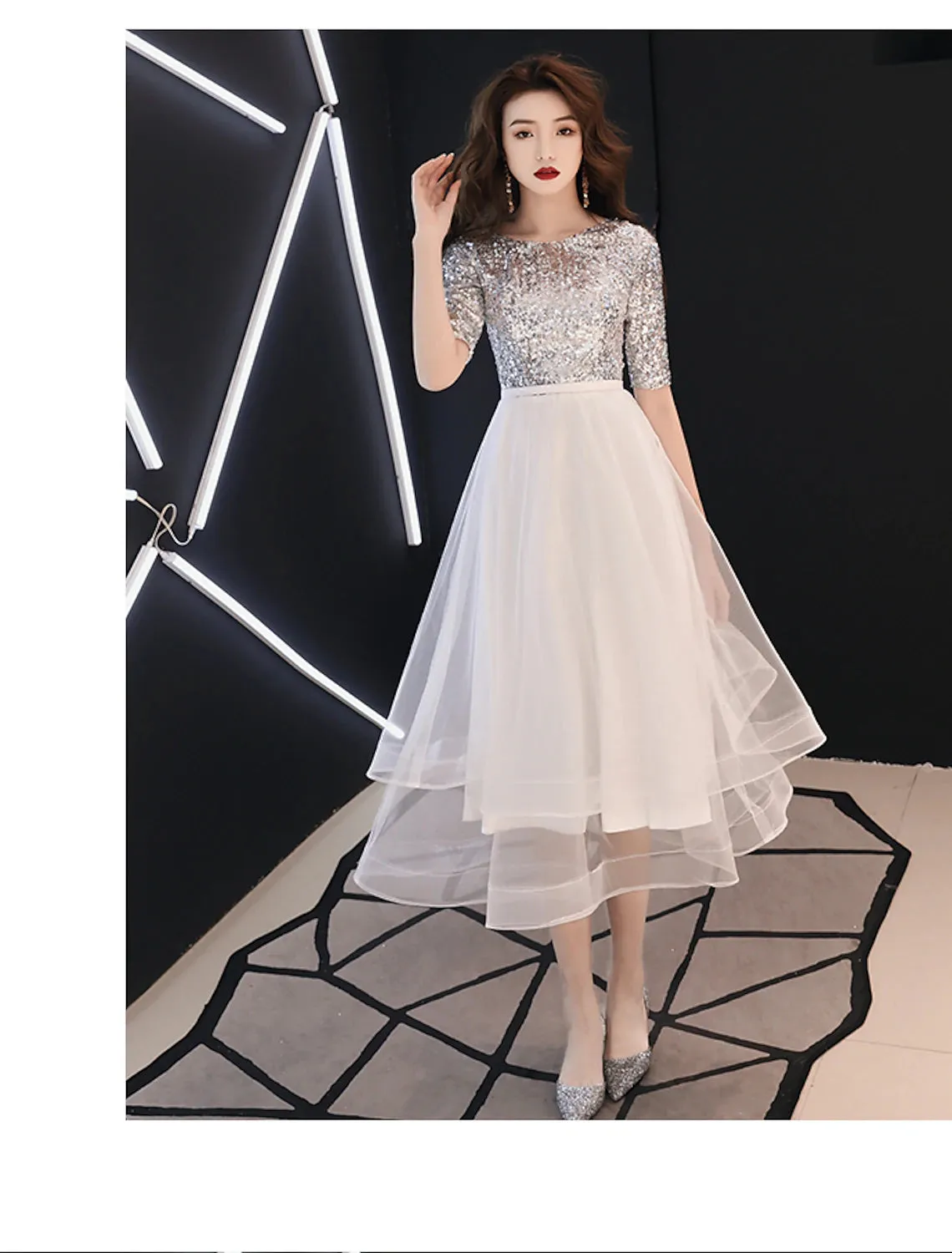Aimishang   A-Line Sparkle White Cocktail Party Prom Dress Jewel Neck Half Sleeve Tea Length Satin with Sequin Tier