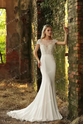 Alluring Lace Cap Sleeve Fishtail Satin Wedding Gown