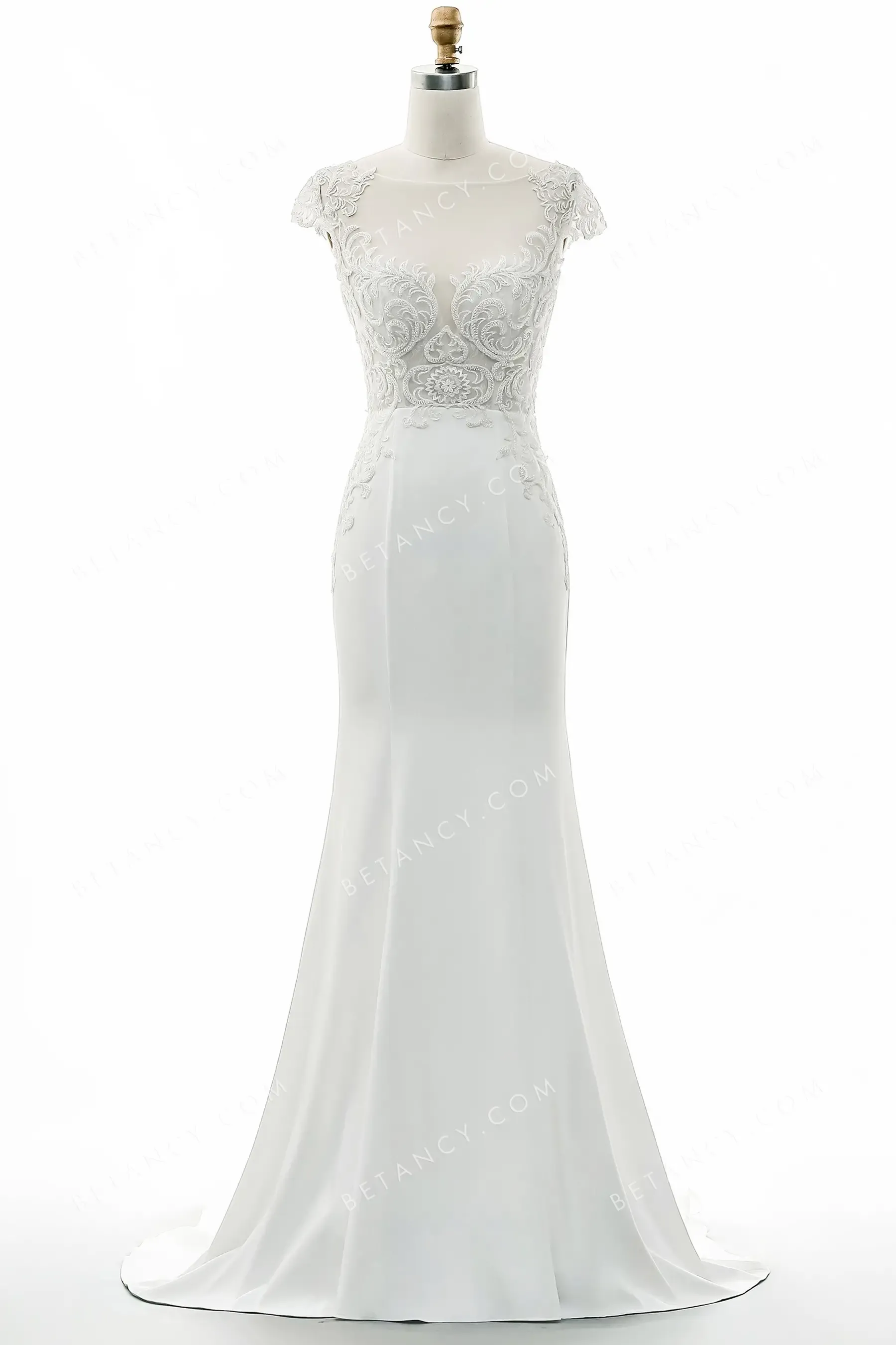 Alluring Lace Cap Sleeve Fishtail Satin Wedding Gown