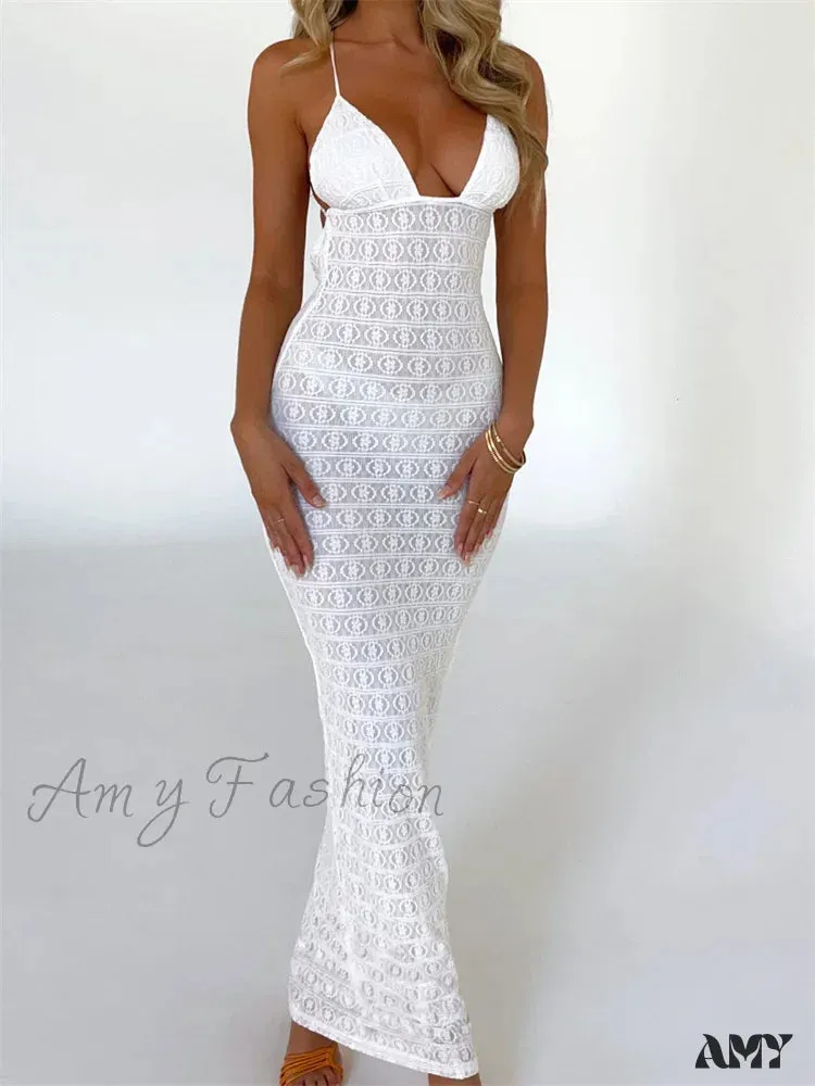 Amy Fashion - Sexy Women Mesh Sheer See Through Lace Patchwork  Backless Deep V-neck Slim Fit Party Beachwear