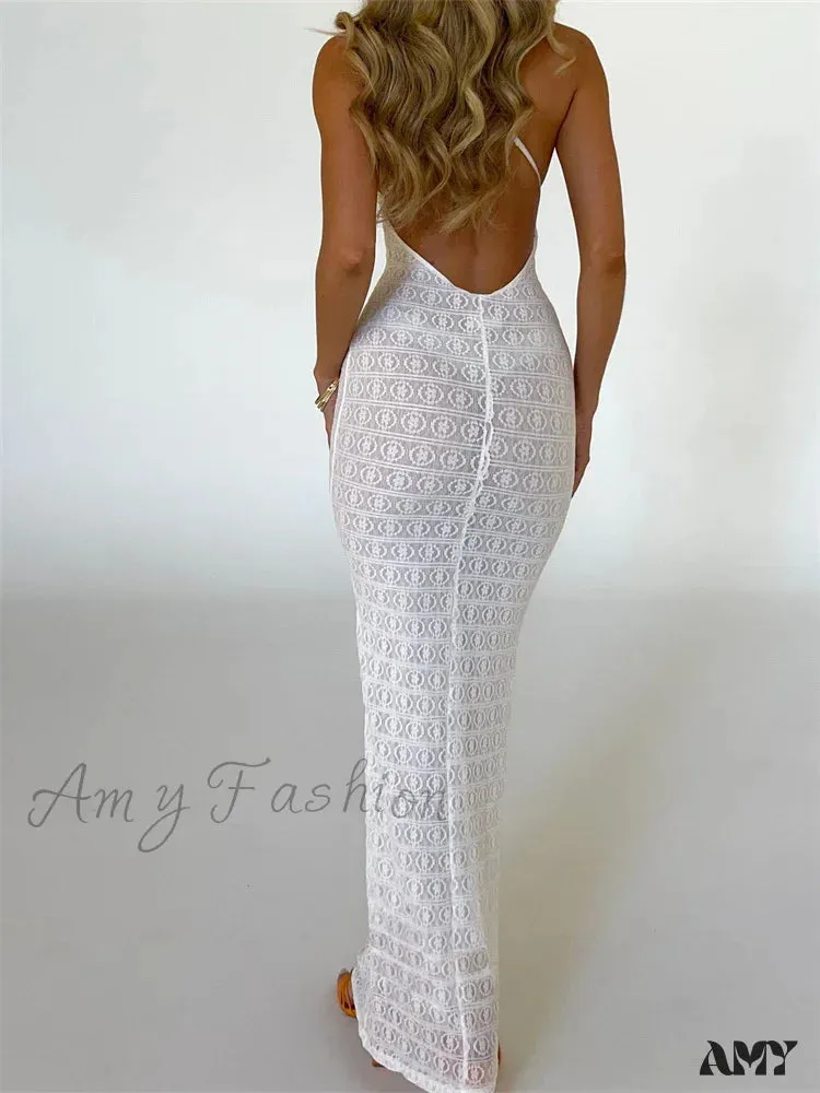 Amy Fashion - Sexy Women Mesh Sheer See Through Lace Patchwork  Backless Deep V-neck Slim Fit Party Beachwear
