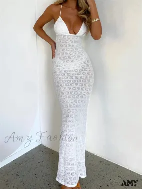 Amy Fashion - Sexy Women Mesh Sheer See Through Lace Patchwork  Backless Deep V-neck Slim Fit Party Beachwear