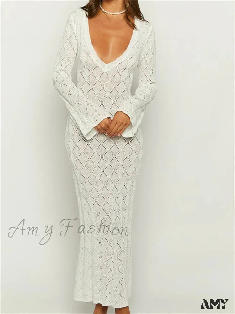 Amy Fashion - Women Crochet Knitted  Sleeve  Hollow Out V-neck Backless Lace-up Beach Cover Ups Summer Vestidos