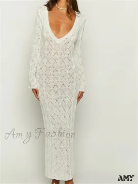 Amy Fashion - Women Crochet Knitted  Sleeve  Hollow Out V-neck Backless Lace-up Beach Cover Ups Summer Vestidos