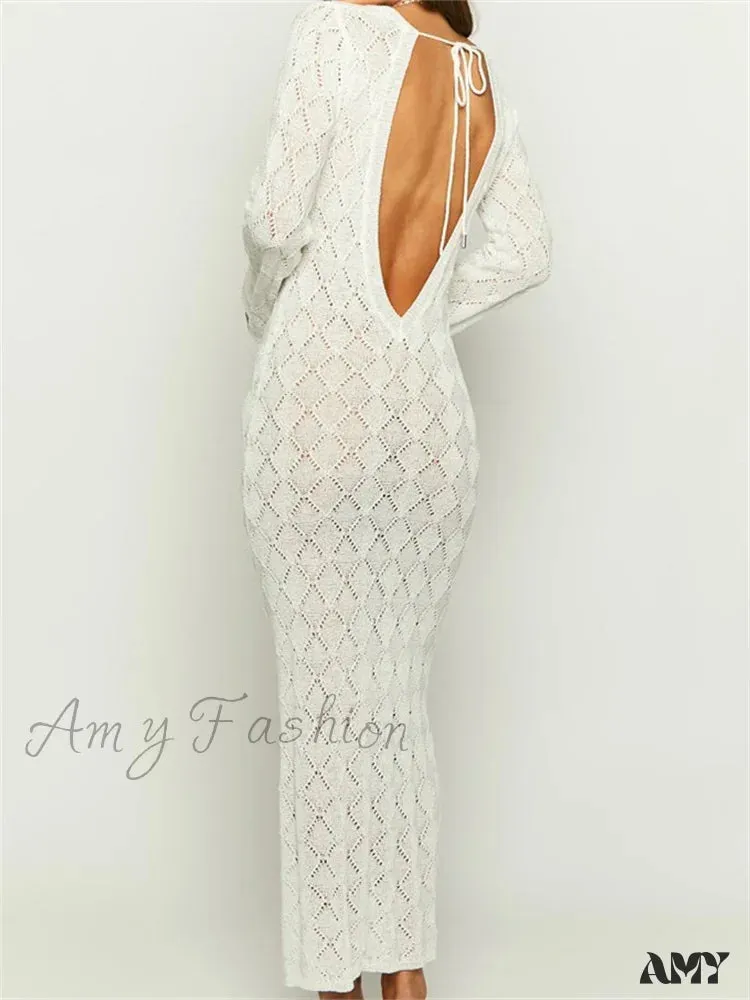 Amy Fashion - Women Crochet Knitted  Sleeve  Hollow Out V-neck Backless Lace-up Beach Cover Ups Summer Vestidos