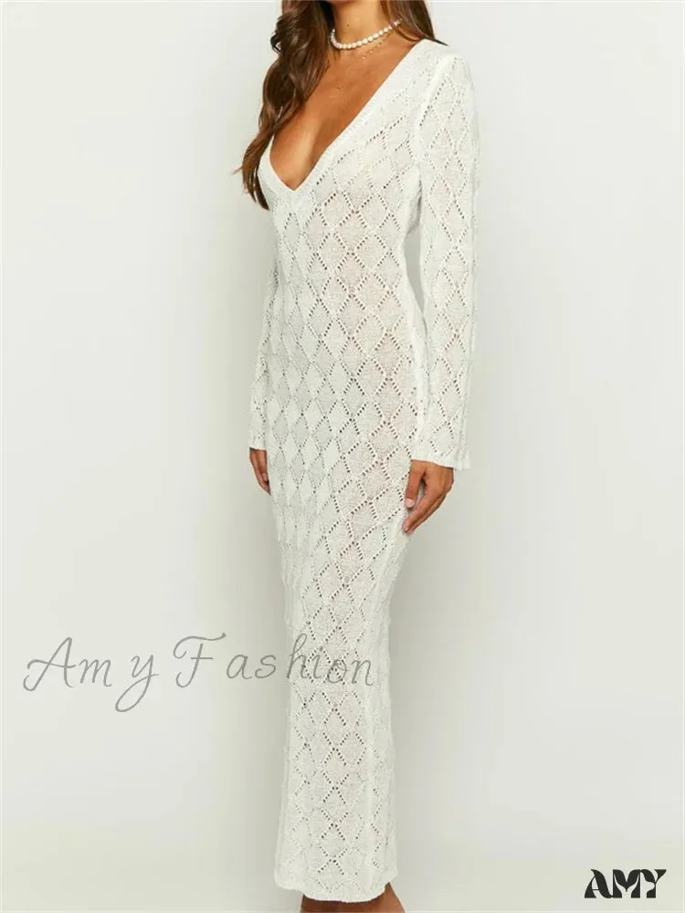 Amy Fashion - Women Crochet Knitted  Sleeve  Hollow Out V-neck Backless Lace-up Beach Cover Ups Summer Vestidos
