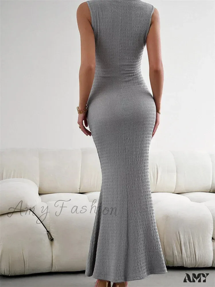Amy Fashion - Women Knitted  Sleeveless Round Neck Solid Color Slim Fit Ruched Tank Cocktail Party Female Vestidos