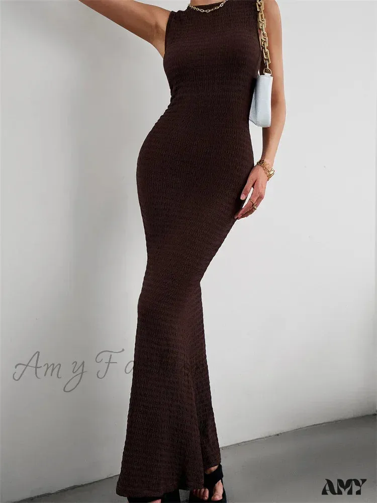 Amy Fashion - Women Knitted  Sleeveless Round Neck Solid Color Slim Fit Ruched Tank Cocktail Party Female Vestidos