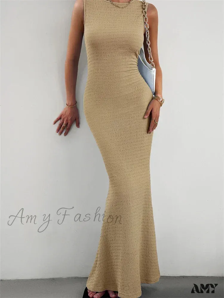 Amy Fashion - Women Knitted  Sleeveless Round Neck Solid Color Slim Fit Ruched Tank Cocktail Party Female Vestidos