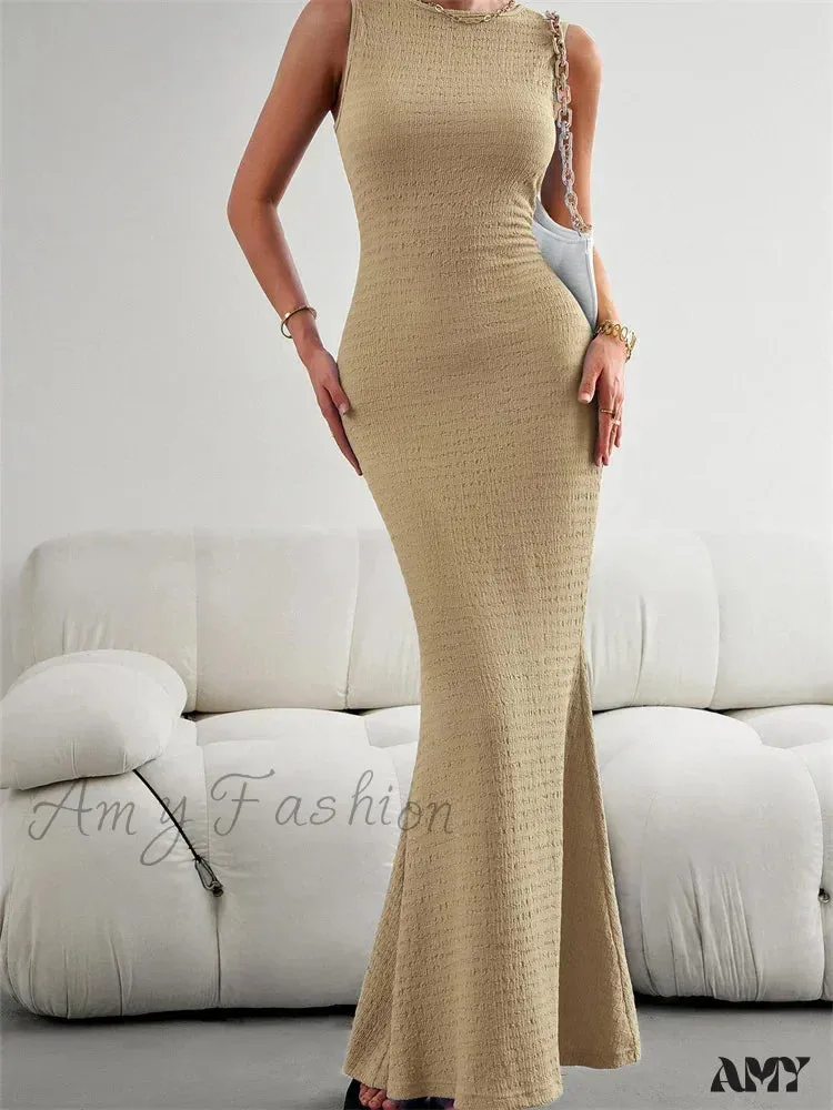 Amy Fashion - Women Knitted  Sleeveless Round Neck Solid Color Slim Fit Ruched Tank Cocktail Party Female Vestidos