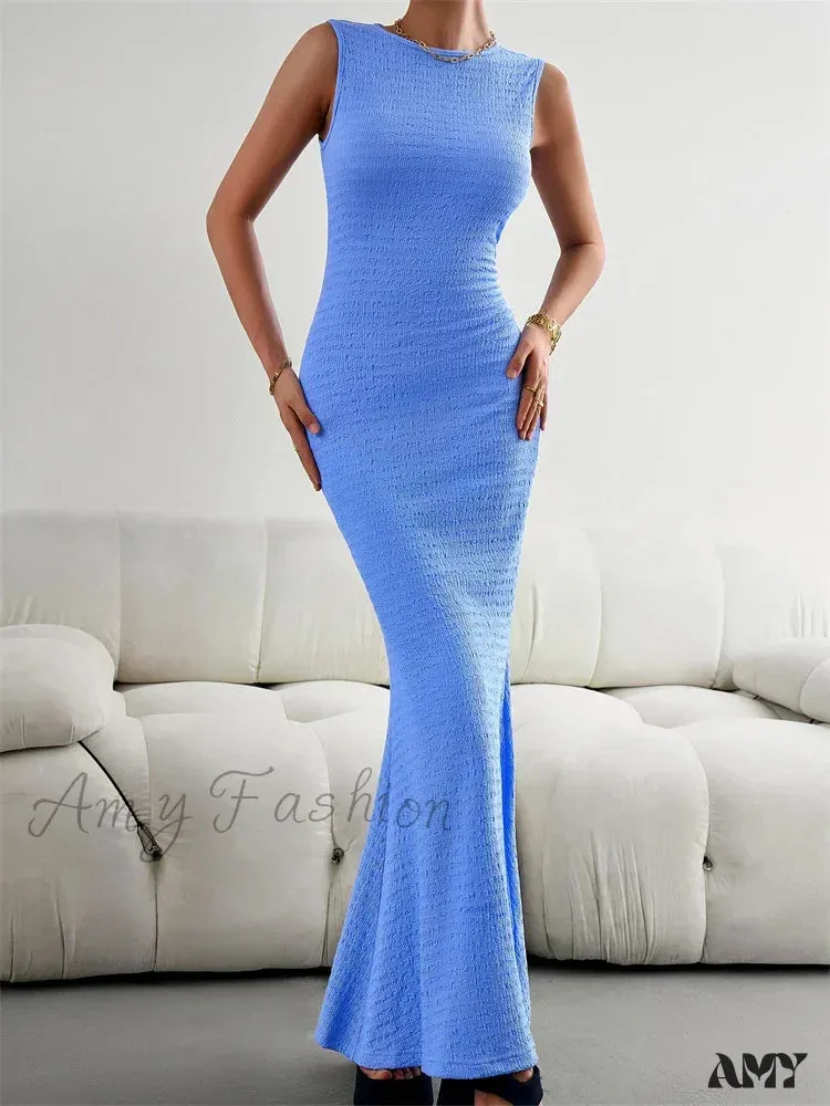 Amy Fashion - Women Knitted  Sleeveless Round Neck Solid Color Slim Fit Ruched Tank Cocktail Party Female Vestidos