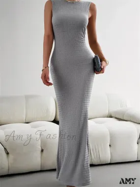 Amy Fashion - Women Knitted  Sleeveless Round Neck Solid Color Slim Fit Ruched Tank Cocktail Party Female Vestidos