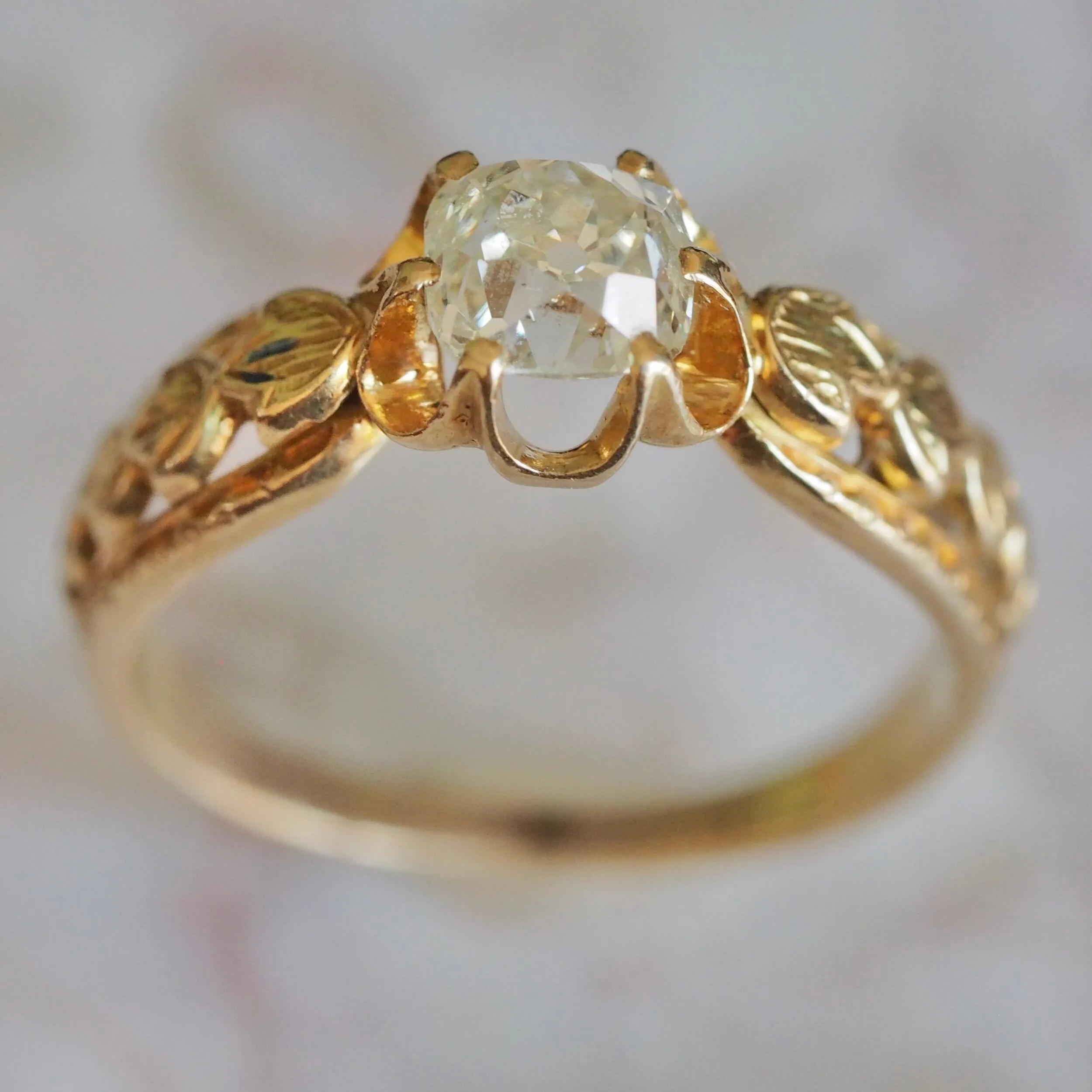 Antique French 18k Gold Old Mine Cut Diamond Engagement Ring