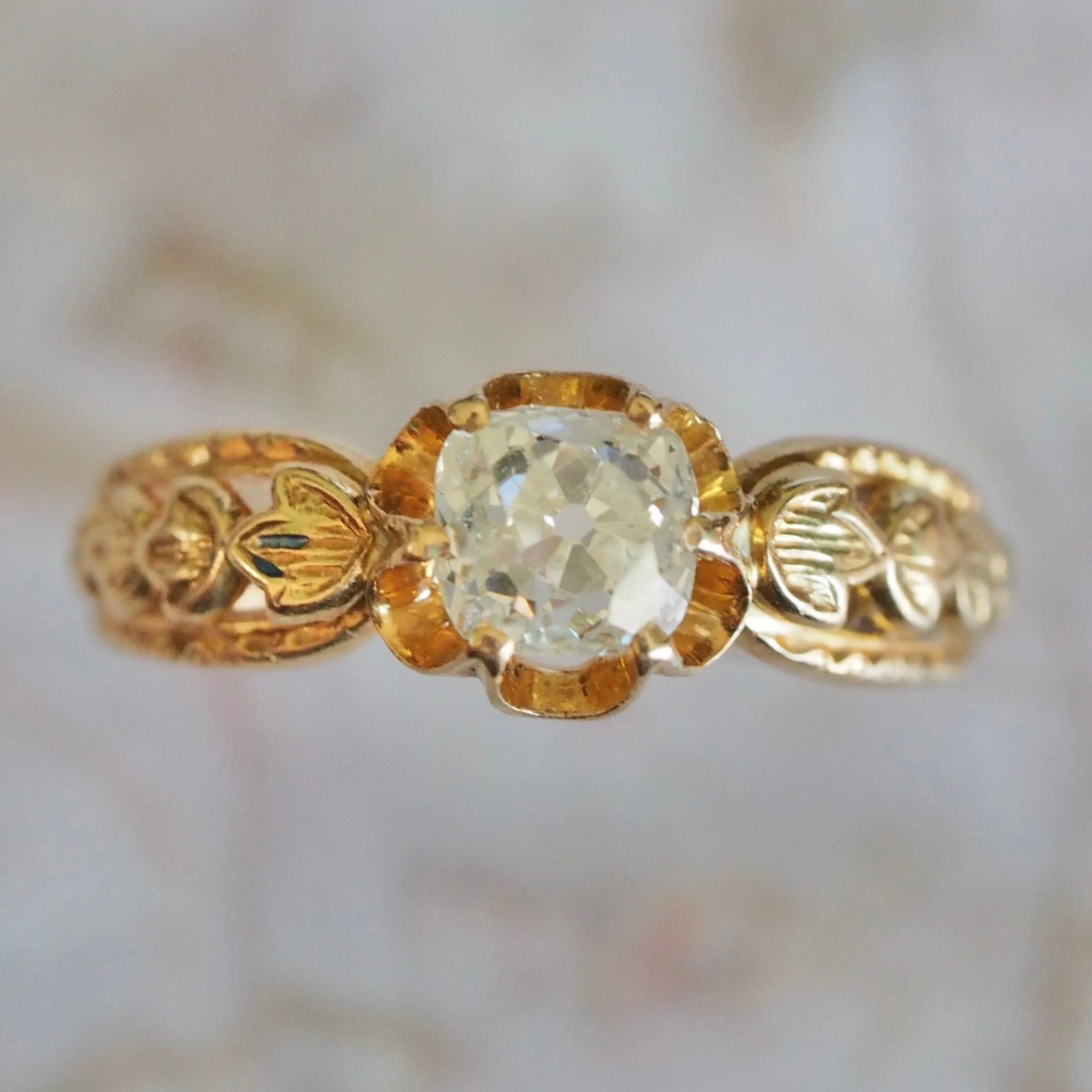 Antique French 18k Gold Old Mine Cut Diamond Engagement Ring