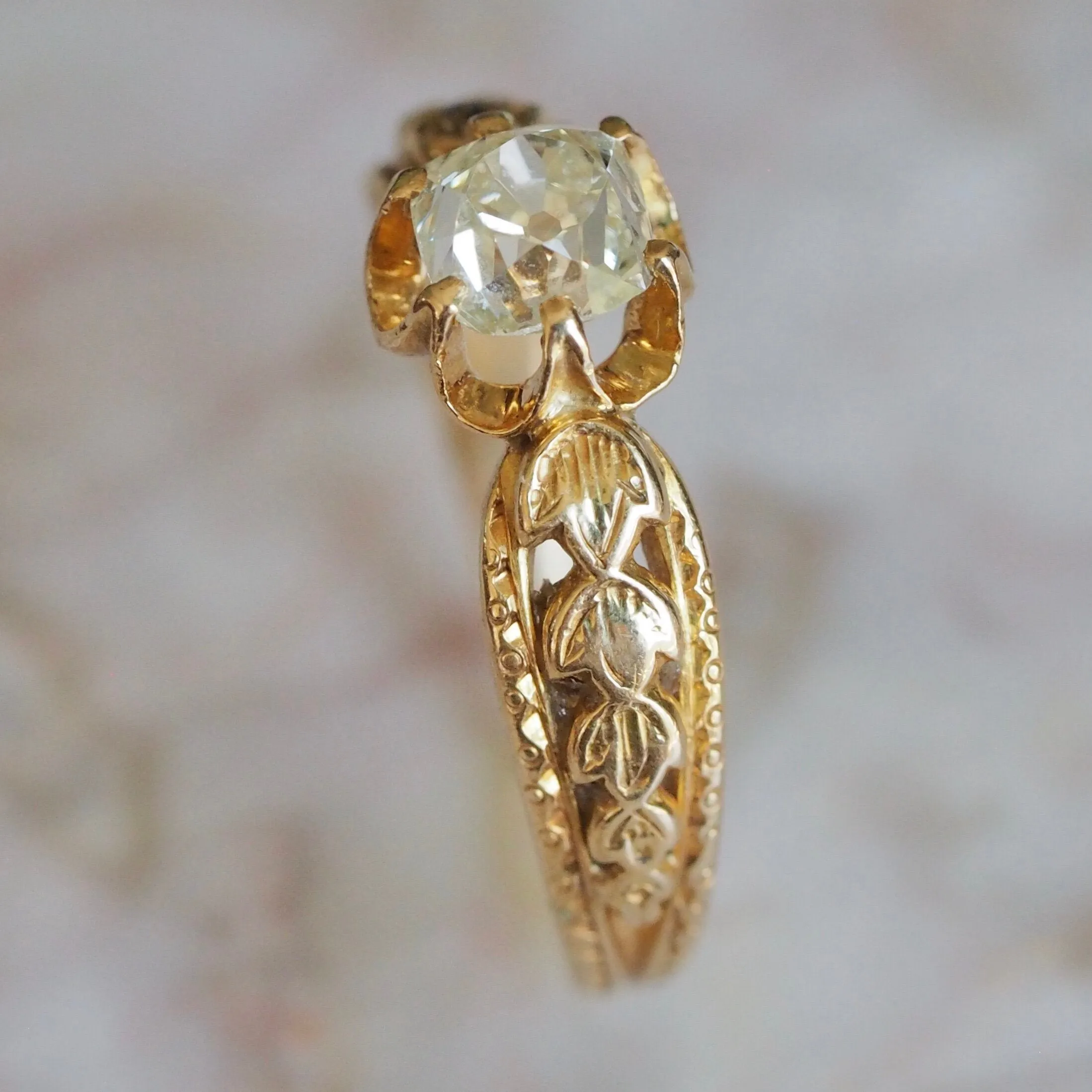 Antique French 18k Gold Old Mine Cut Diamond Engagement Ring