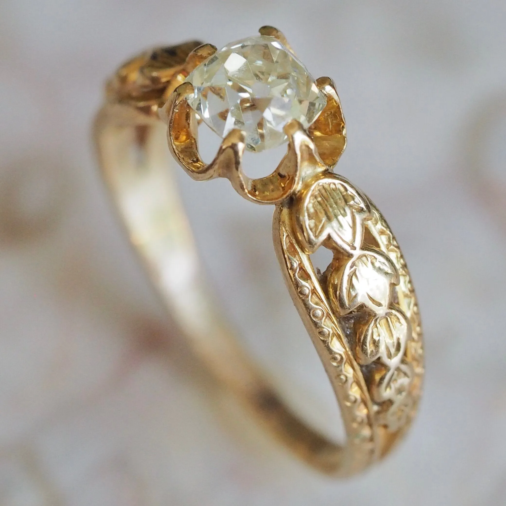 Antique French 18k Gold Old Mine Cut Diamond Engagement Ring