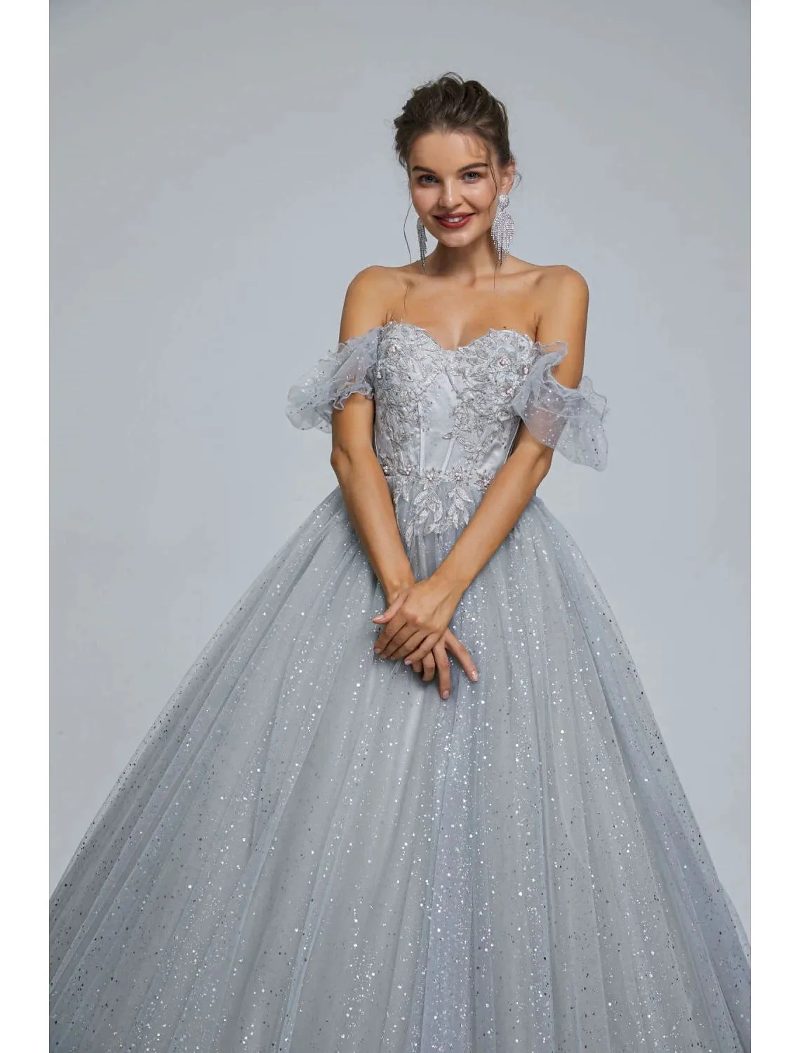 Ball Gown Prom Dresses Princess Dress Graduation Quinceanera Floor Length Short Sleeve Sweetheart Tulle with Sequin Appliques