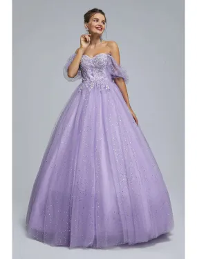 Ball Gown Prom Dresses Princess Dress Graduation Quinceanera Floor Length Short Sleeve Sweetheart Tulle with Sequin Appliques