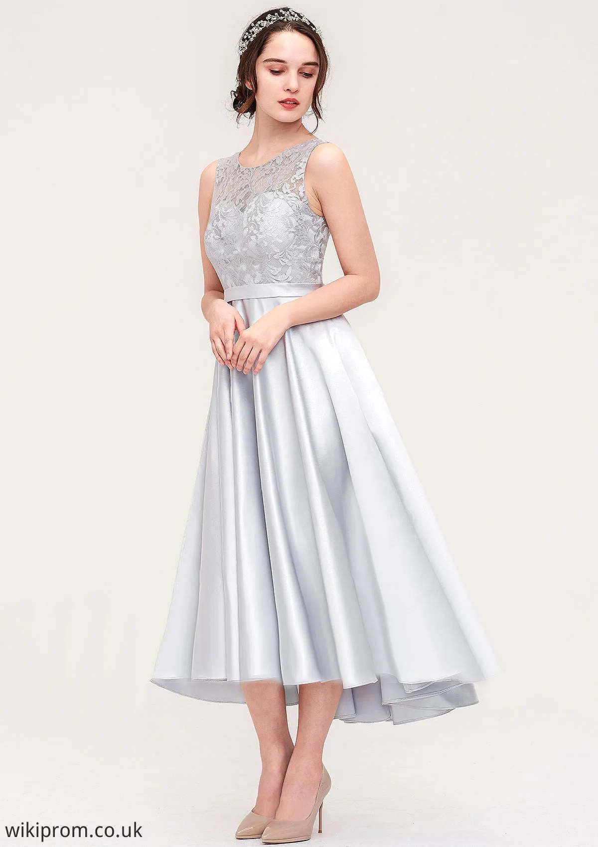 Bateau Sleeveless Tea-Length Satin A-line/Princess Bridesmaid Dresses With Sashes Lace Lila SWKP0025495