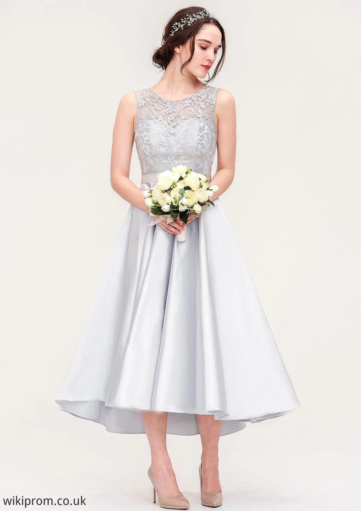 Bateau Sleeveless Tea-Length Satin A-line/Princess Bridesmaid Dresses With Sashes Lace Lila SWKP0025495