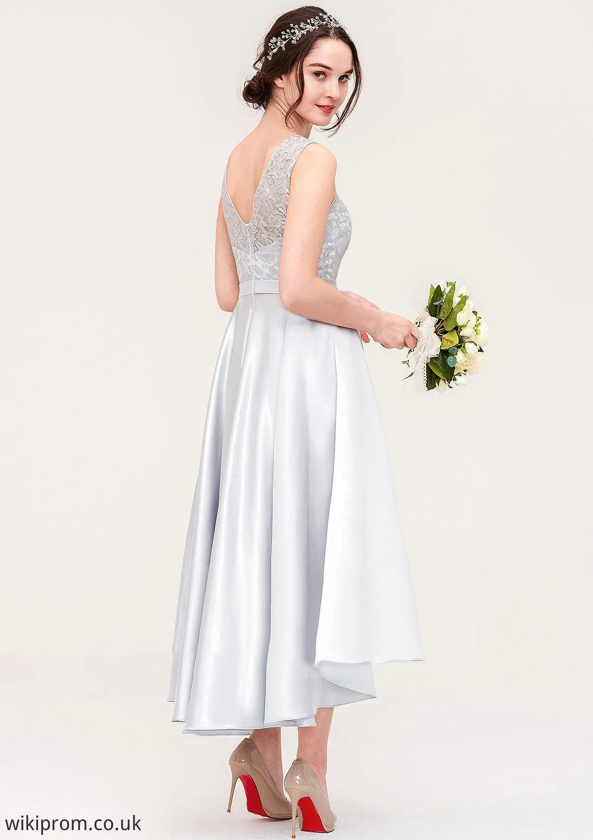 Bateau Sleeveless Tea-Length Satin A-line/Princess Bridesmaid Dresses With Sashes Lace Lila SWKP0025495