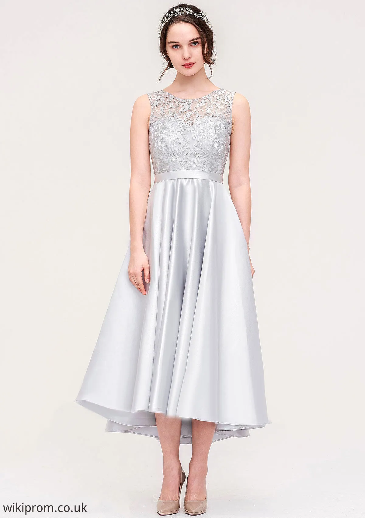 Bateau Sleeveless Tea-Length Satin A-line/Princess Bridesmaid Dresses With Sashes Lace Lila SWKP0025495