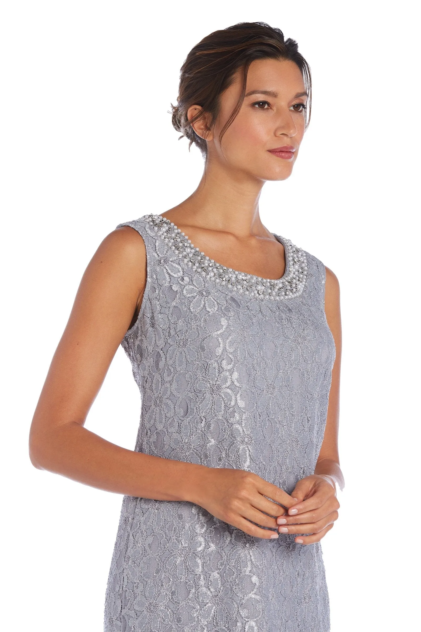 Beaded Neck Lace Dress With Cascade Jacket