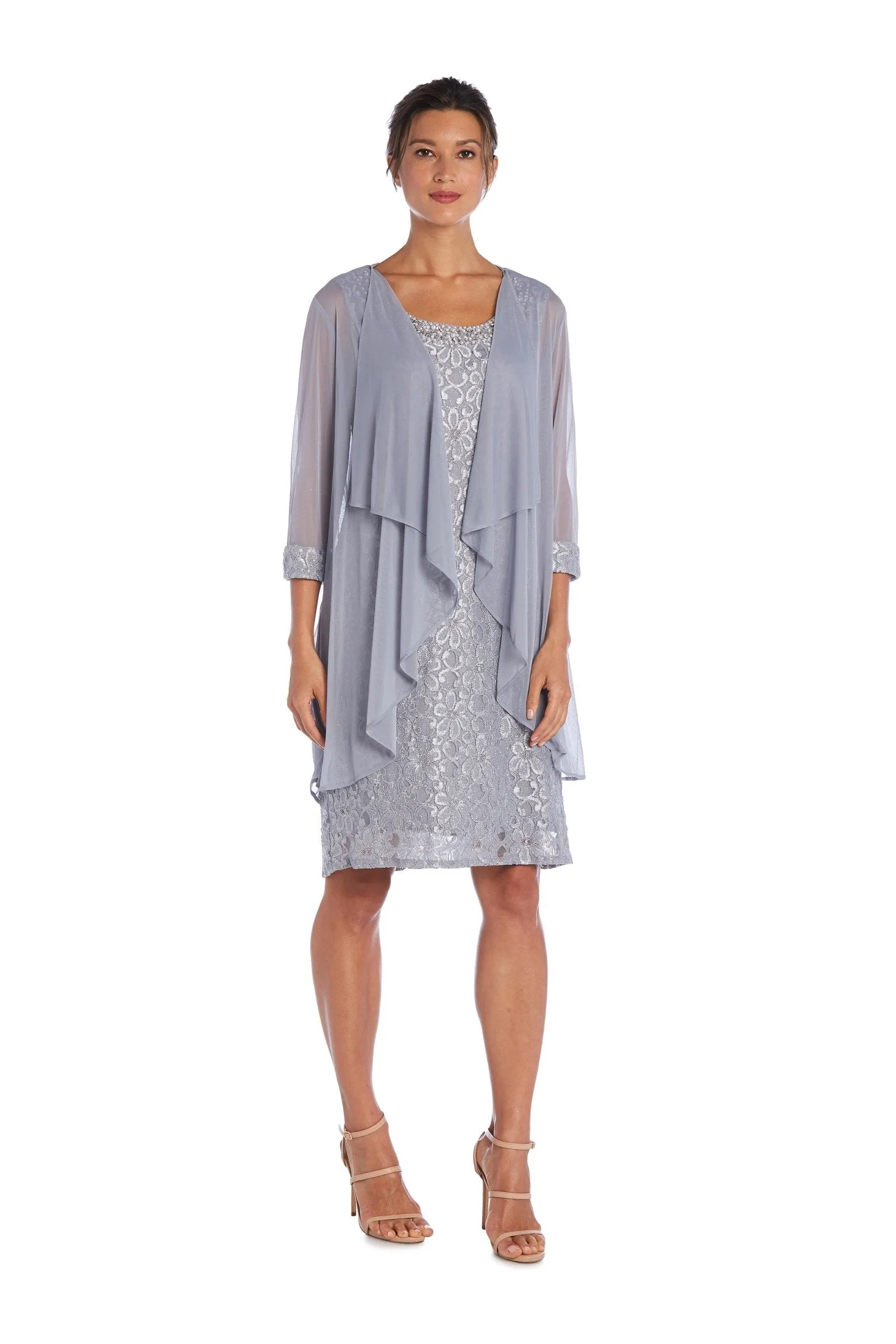 Beaded Neck Lace Dress With Cascade Jacket