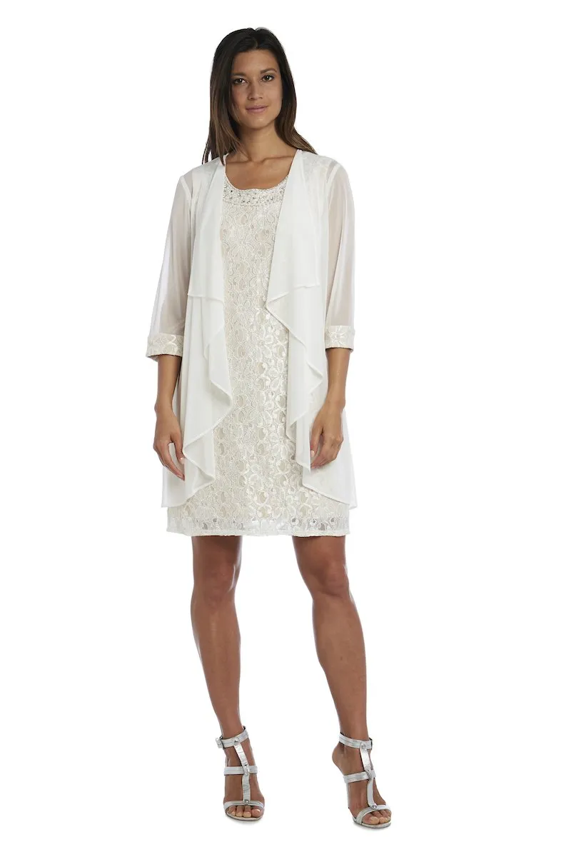 Beaded Neck Lace Dress With Cascade Jacket
