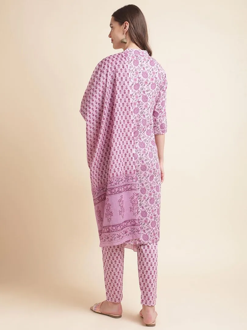 Beautiful Women's Pink Floral Print Pure Cotton Kurta with Trousers & Dupatta
