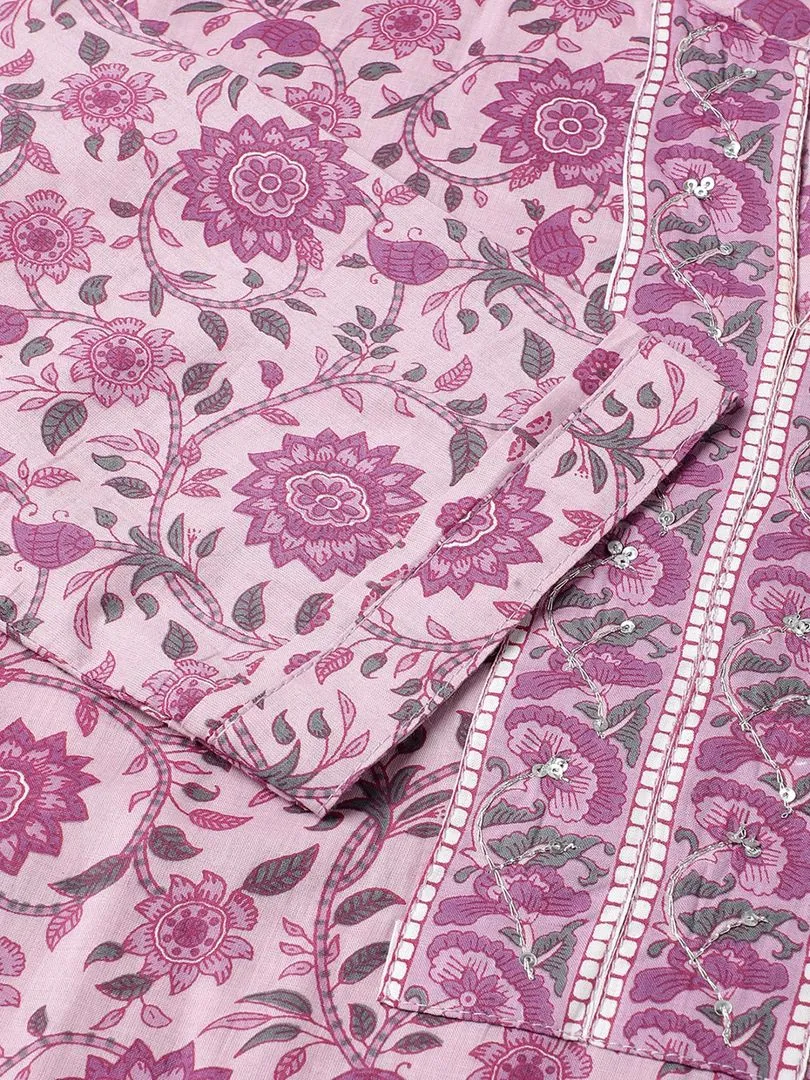 Beautiful Women's Pink Floral Print Pure Cotton Kurta with Trousers & Dupatta