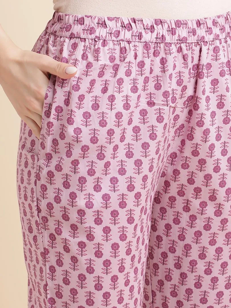 Beautiful Women's Pink Floral Print Pure Cotton Kurta with Trousers & Dupatta