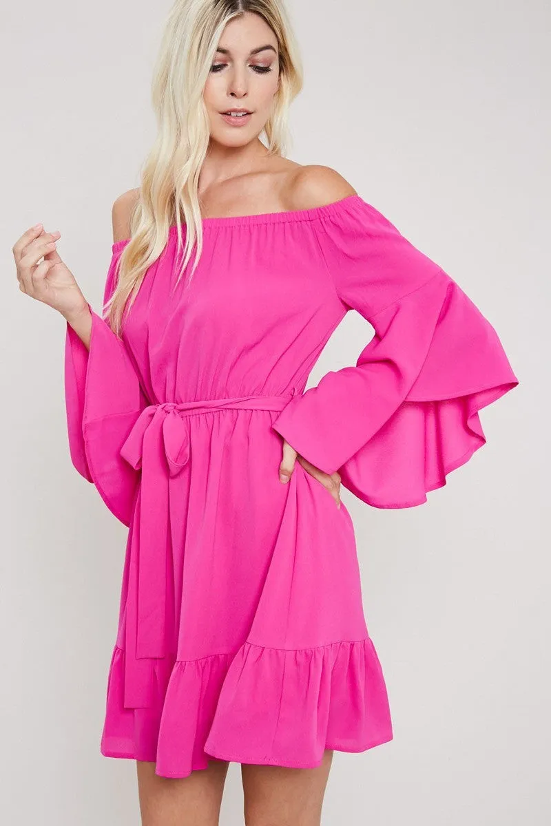 Bell Sleeves Off The Shoulder Dress - Hot Pink 💖